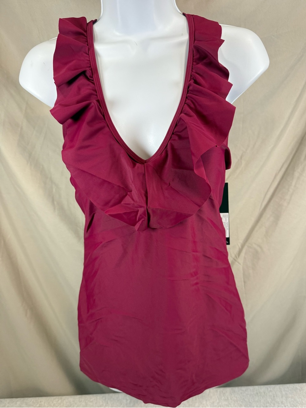 Nicole Miller Studio Ruffle V-Neck Swimdress Burgundy - Size 8
